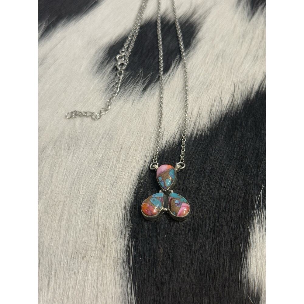 Native American Southwest Sterling Silver 3 Stone Purple Ice Dahlia Bar Necklace - Picture 5 of 11